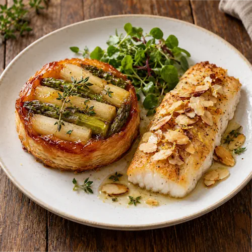 Tarte tatin met groene en witte asperges, geserveerd met gebakken schelvis en geroosterde amandelen.