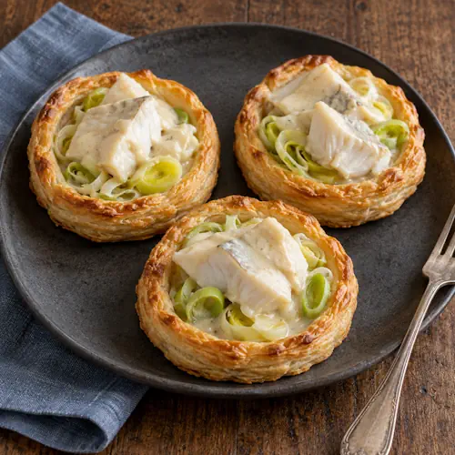 Tartelettes van bladerdeeg met griet, jonge prei en romige wittewijnsaus.