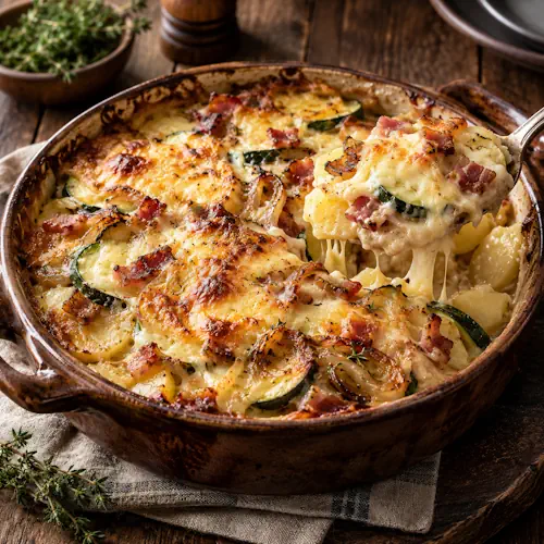 Franse tartiflette met aardappelen, rookspek, courgette, ui en gesmolten kaas.