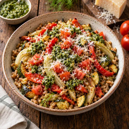 Tarwe met geroosterde paprika, courgette, venkel, tomaat, pesto en Parmezaanse kaas.