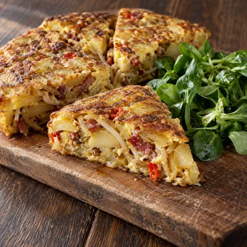 Taugétortilla met aardappel, spekreepjes, rode peper en veldsla.
