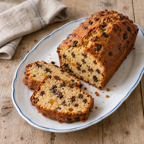 Tea cake met rozijnen, krenten en stukjes sukade op een porseleinen schaal.