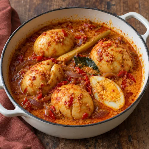 Telor Masak Bali met santen, eieren in romige kokos-ketjapsaus met rode lombok en sereh.