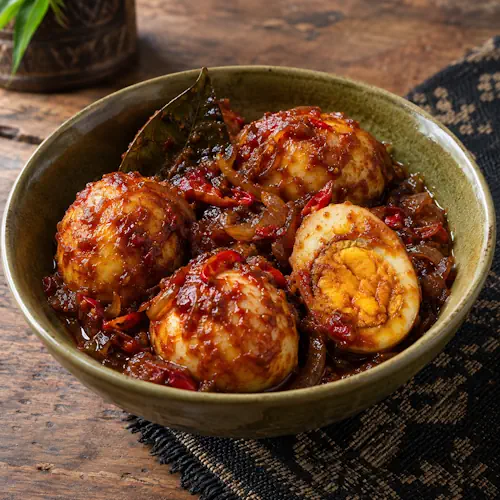 Telor Masak Bali met hardgekookte eieren in kruidige ketjapsaus, rode lombok en ui.
