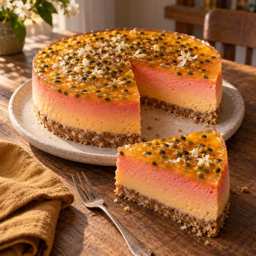 Tequila Sunrise-taart met kokosbodem, sinaasappelkwark en passievrucht-jasmijngelei.