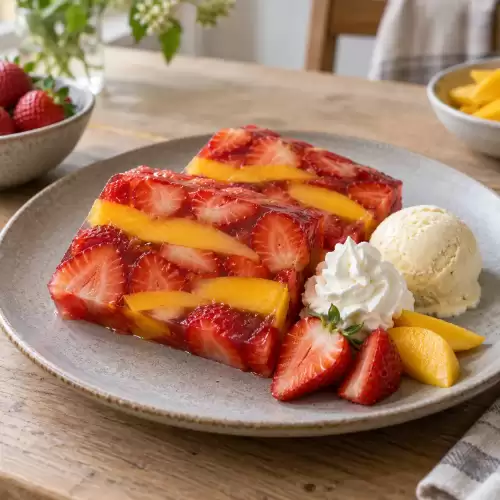 Terrine van aardbeien en mango met vanille-ijs en slagroom.