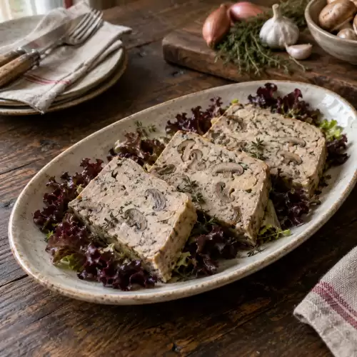 Champignonterrine met kalfsvlees en Provençaalse kruiden op lollo rosso.