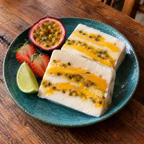 Kokosterrine met mango, passievrucht, aardbei en limoen.