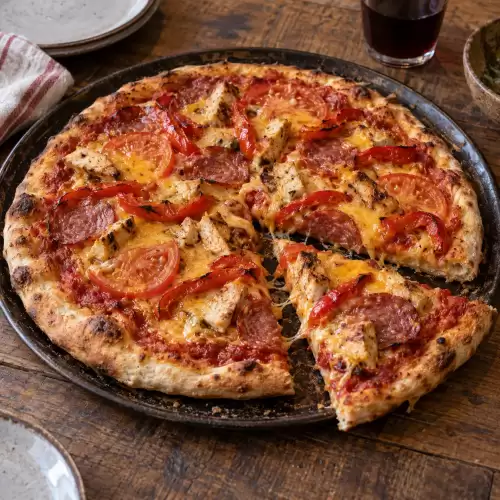 Texaanse pizza met kip, salami, gegrilde paprika, tomaat en cheddar.