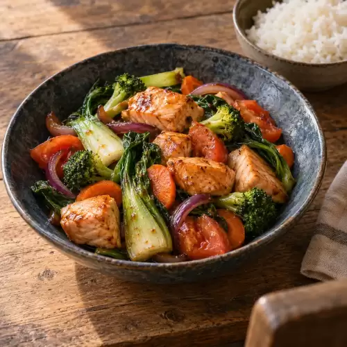 Thais wokgerecht met zalm, paksoi, broccoli, wortel, tomaat en rode ui.