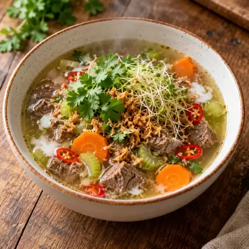 Thaise runderbouillon met groenten, kokosmelk, alfalfa, seroendeng en koriander.