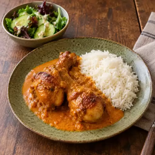 Thaise drumsticks in currysaus met rijst en komkommersalade.