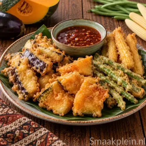 Glutenvrije Thaise groentebeignets van aubergine, pompoen, babymais en sperziebonen met pittige pruimensaus