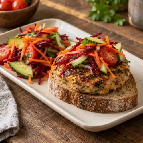 Thaise kipburger op boerenbrood met rauwkost van wortel, rode biet, komkommer en tomaat.