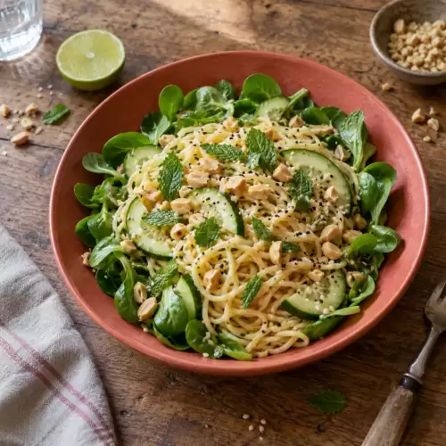 Thaise noedelsalade met komkommer, munt, veldsla, pinda’s en sesamzaad.
