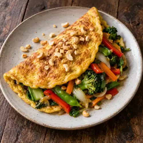 Thaise omelet gevuld met wokgroenten en bestrooid met cashewnoten.