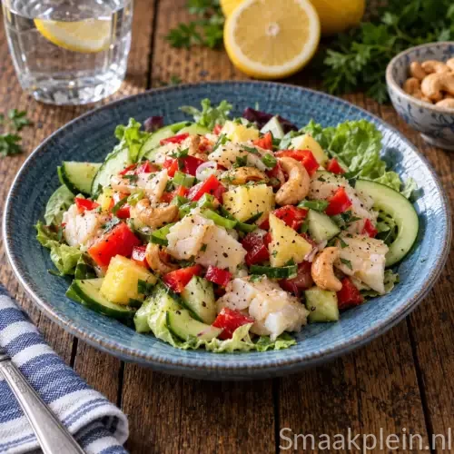 Tropische vissalade met gebakken scholfilet, ananas, komkommer, rode paprika en geroosterde cashewnoten