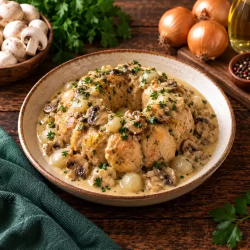 Tulband van kip met champignons en zilveruitjes in een romige saus op een rustieke houten tafel.