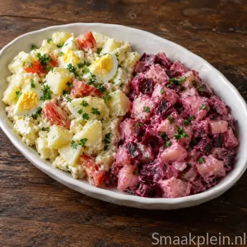 Tweekleurige salade met witte kool, rode kool, aardappel, appel en romige mieriksworteldressing