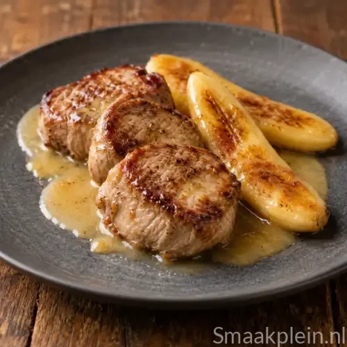 Gebraden varkensfilet met warme banaan en romige bananensaus