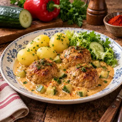 Varkensgehaktballen met romige paprika-komkommersaus, verse komkommer en peterselie op een blauw keramisch bord op een rustieke houten tafel