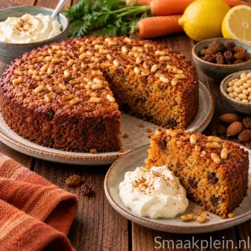 Glutenvrije Venetiaanse wortelcake met amandelmeel, sultana’s en geroosterde pijnboompitten