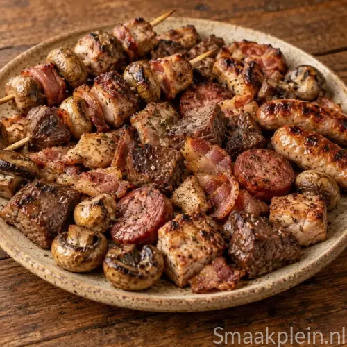 Vleeswarenspiesen van de barbecue met casselerrib, salami, Zeeuws spek en champignons