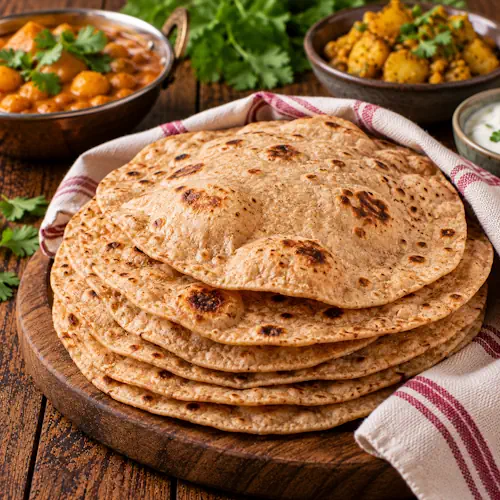 Dunne volkoren chapati met goudbruine bakplekjes, luchtig en licht opgeblazen, geserveerd op een houten schaal bij Indiase gerechten.