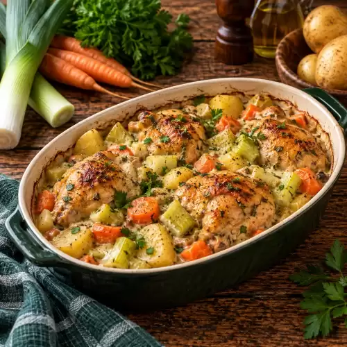 Voordelige casserole met kip, prei, wortel en aardappelen in een romige saus op een rustieke houten tafel.