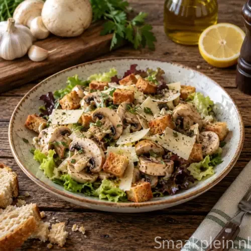 Warme champignonsalade met krokante broodblokjes en mosterddressing