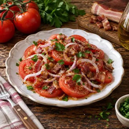 Warme tomatensalade met knapperig ontbijtspek, lente-ui en mosterddressing