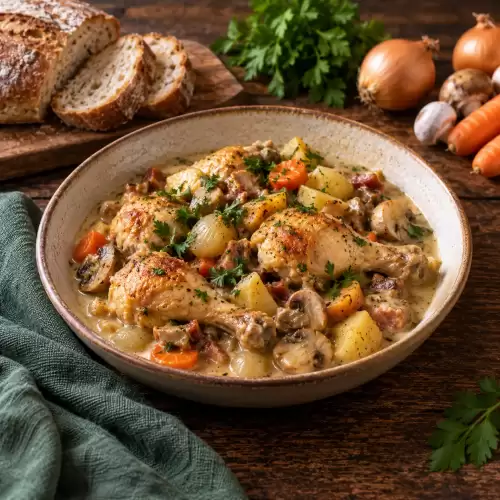 Winterkip met kip, aardappelen, wortel, champignons en spek in een romige saus op een rustieke houten tafel.