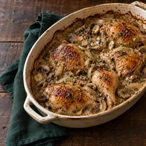 Winterkip uit de oven met champignons, ui en romige saus.