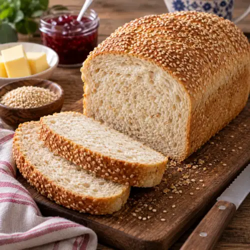 Wit sesambrood uit de broodbakmachine met sesamzaad
