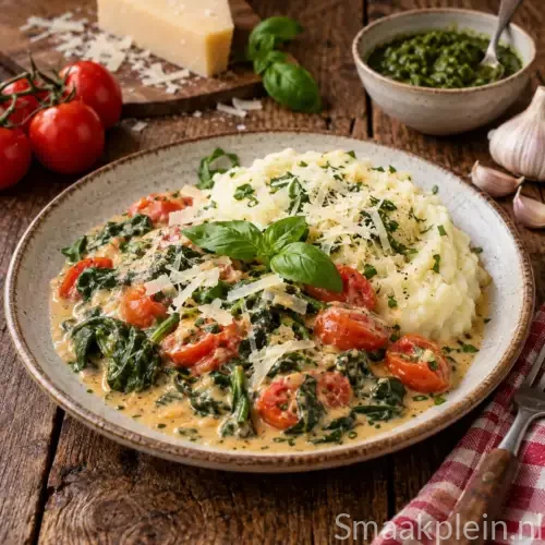 Witlof met Parmaham en rode pesto op romige aardappelpuree met tomaat en Parmezaanse kaas