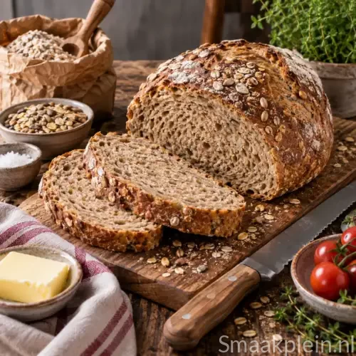 Zacht fijn volkorenbrood uit de broodbakmachine met een goudbruine korst en luchtige volkoren kruim