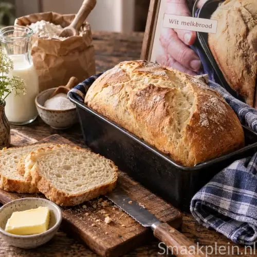 Zacht wit melkbrood uit de broodbakmachine met een goudbruine korst en luchtige kruim