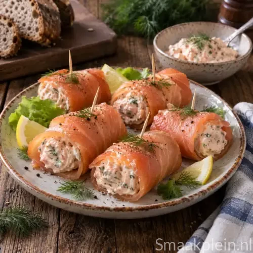 Zalmrolletjes met romige zalmmousse op frisse komkommer met bieslook als feestelijk koud hapje