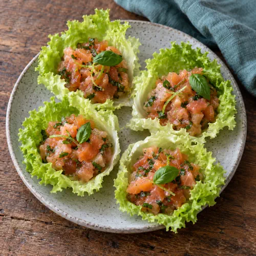 Zalmtartaar van verse en gerookte zalm met basilicum in lollo-biondaslablaadjes.