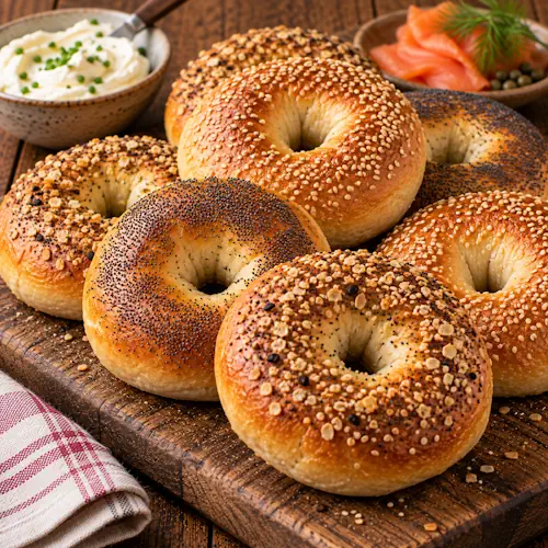 Zelfgebakken bagels uit de broodbakmachine met een goudbruine korst, luchtige binnenkant en verschillende krokante zaadjes als topping.
