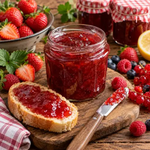 Zelfgemaakte jam van vers zomerfruit in een glazen jampot