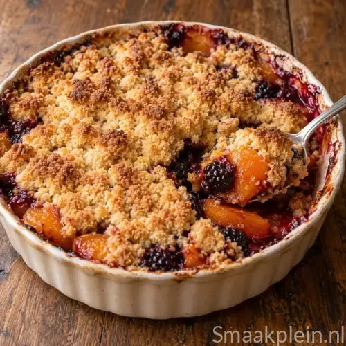 Zomerse fruitcrumble uit de airfryer met abrikozen, bramen en goudbruine boterkruimels