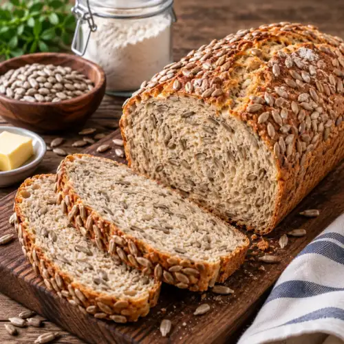 Zonnebloembrood met volkorenmeel en royaal veel zonnebloempitten uit de broodbakmachine