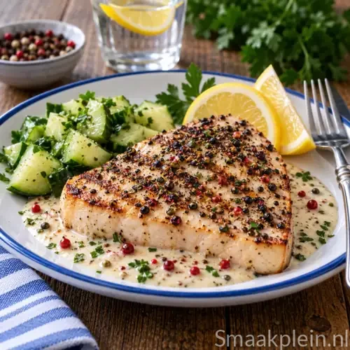 Gegrilde zwaardvis met romige pepersaus van zwarte peper, roze peper, sjalot, sherry en cognac