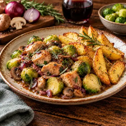In wijn gestoofde kip met spruitjes, kastanjechampignons, rode ui en rozemarijn, geserveerd met goudbruin gebakken aardappelpartjes op een rustieke houten tafel.