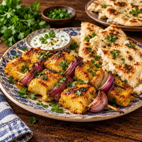 Indiase visspiesen met gemarineerde witte vis en rode ui, gegrild en geserveerd met warm naanbrood en verse koriander op een rustieke houten tafel.