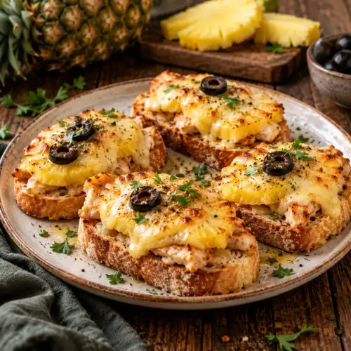 Antilliaans kipbroodje met kipfilet, ananas, gesmolten belegen kaas en zwarte olijf