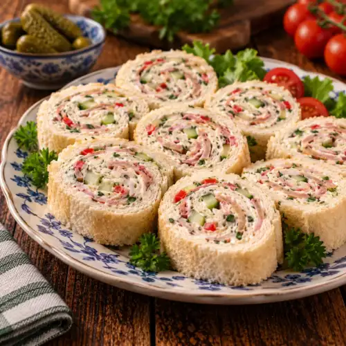 Feestelijke broodrolletjes van casinobrood met verschillende hartige en zoete vullingen