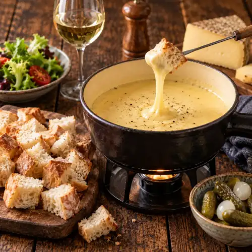 Franse kaasfondue met gruyère en witte wijn in een caquelon met blokjes stokbrood