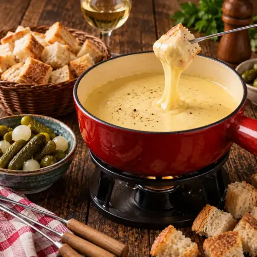 Klassieke kaasfondue in een caquelon met blokjes stokbrood om in de gesmolten kaas te dopen